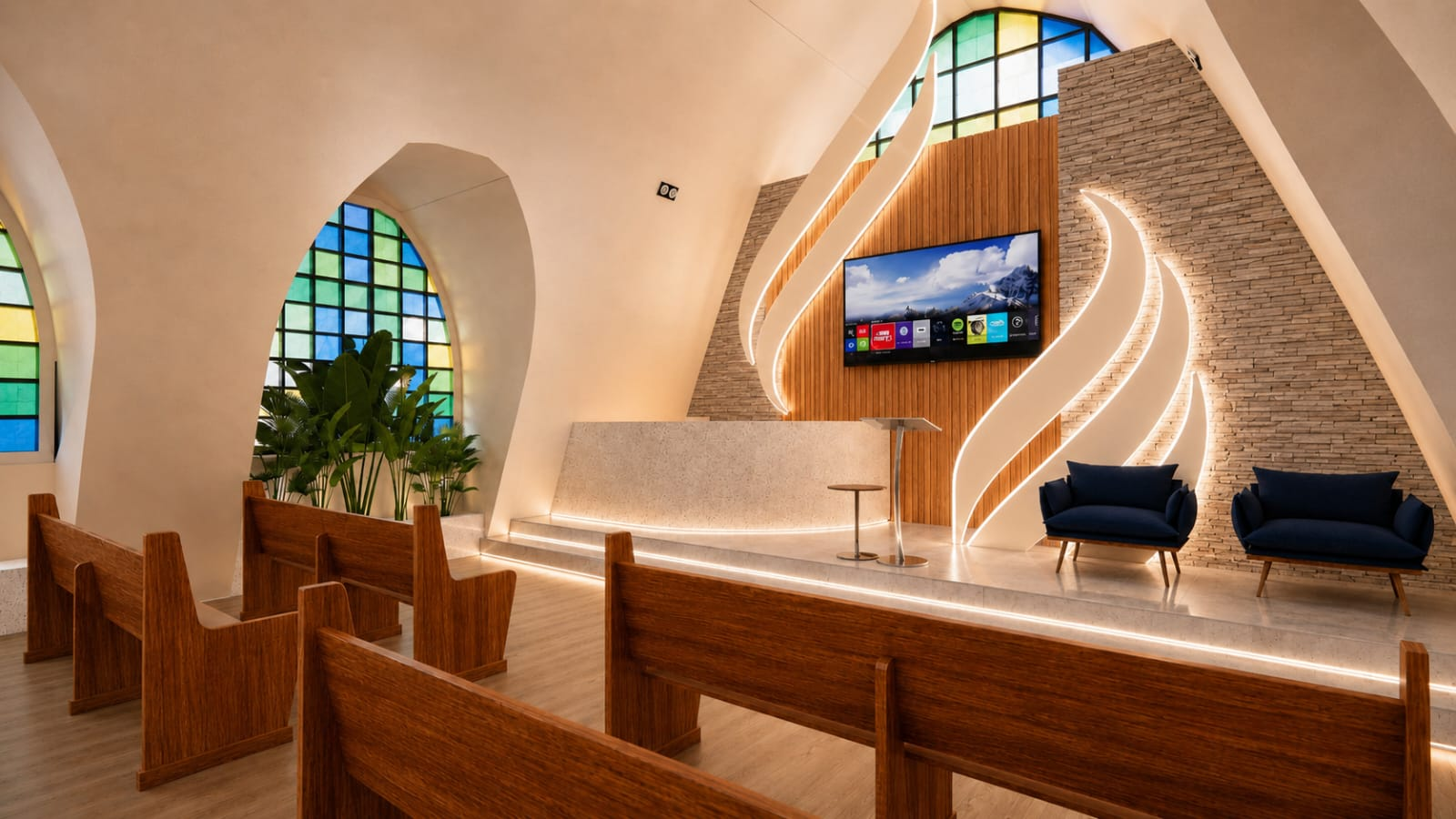 Interior de capela projetado pela Amoreiras, com madeira e iluminação cênica